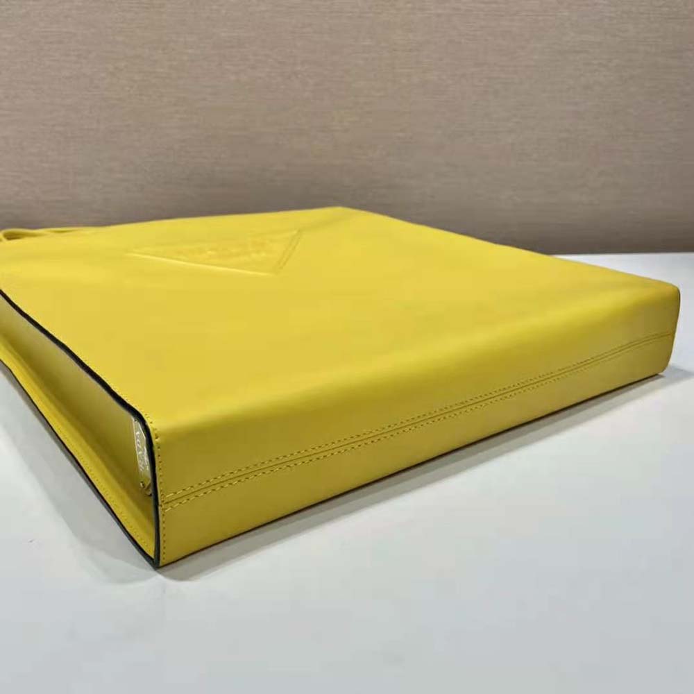 TÚI Prada Women Leather Tote Bag with Embossed Triangle Logo-Yellow
