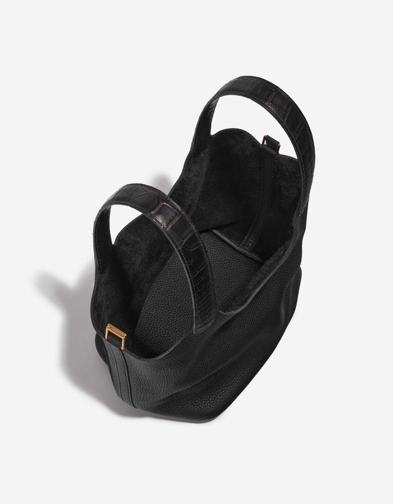 TÚI Hermès Picotin Touch 22 Clemence Matte Alligator Black Gold Buckle khóa vàng quai xách da cá sấu