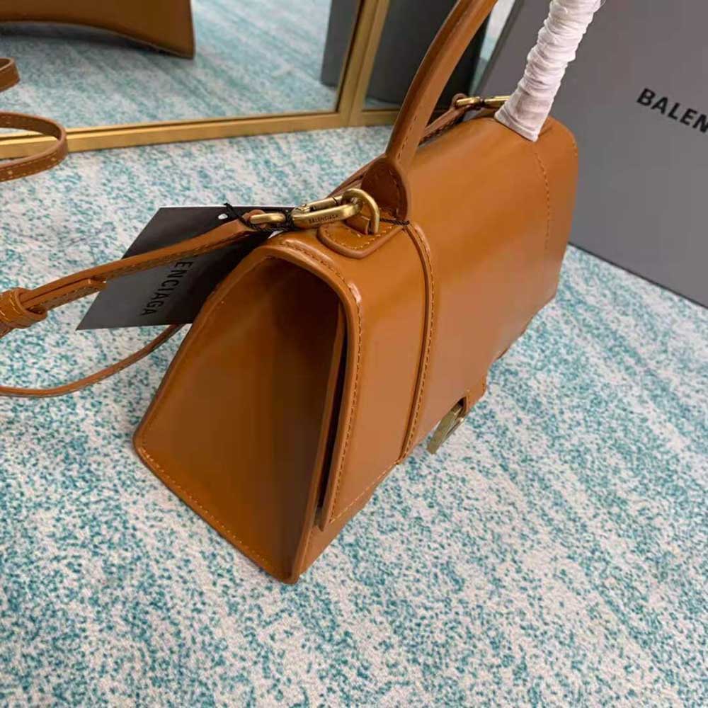 TÚI Balenciaga Hourglass Small Top Handle Bag in Shiny Box Calfskin-Brown