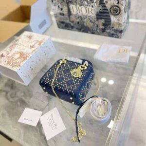 TÚI Dior Women Mini Lady Dior Bag Denim Blue Lucky Star Cannage Lambskin