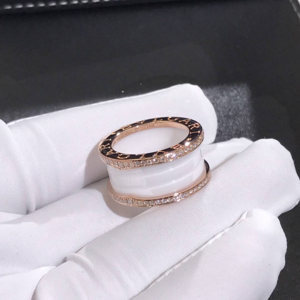 Nhẫn BVLGARI B.zero1 4 vòng bằng gốm sứ trắng kim cương vàng hồng 18K