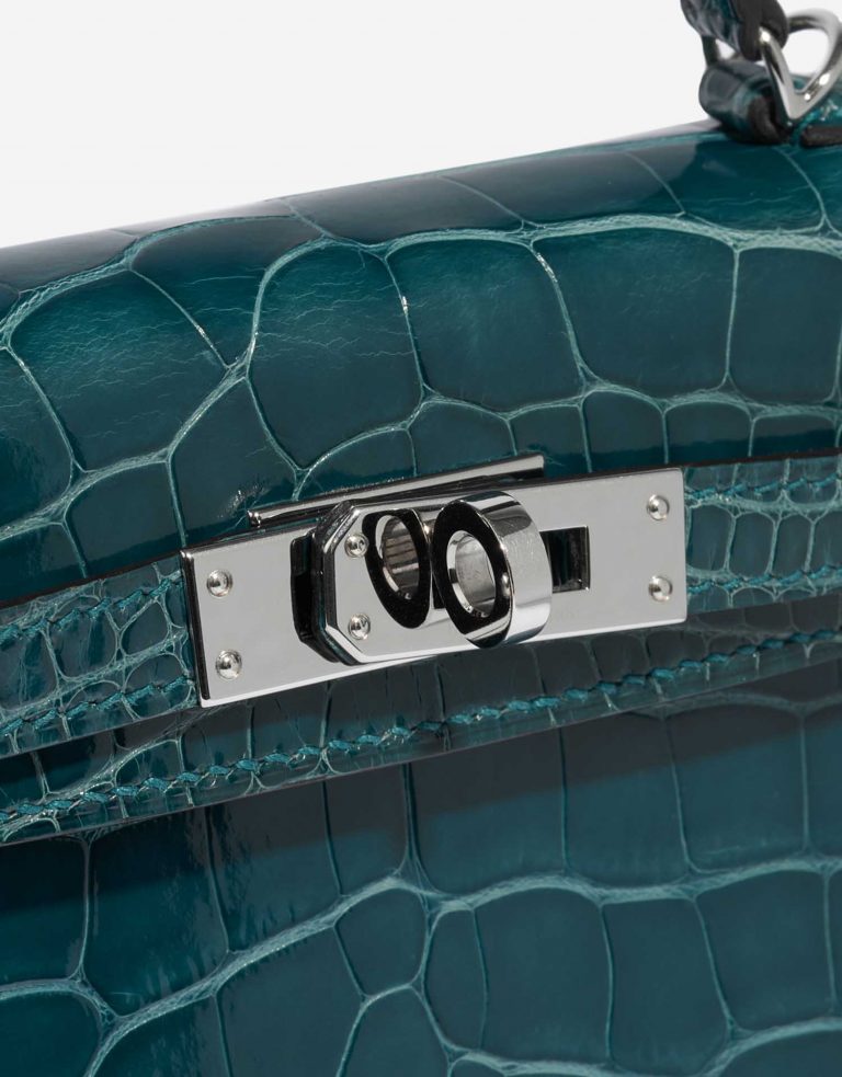 TÚI Hermès Kelly Mini Alligator Vert Bosphore Silver Buckle khóa trắng