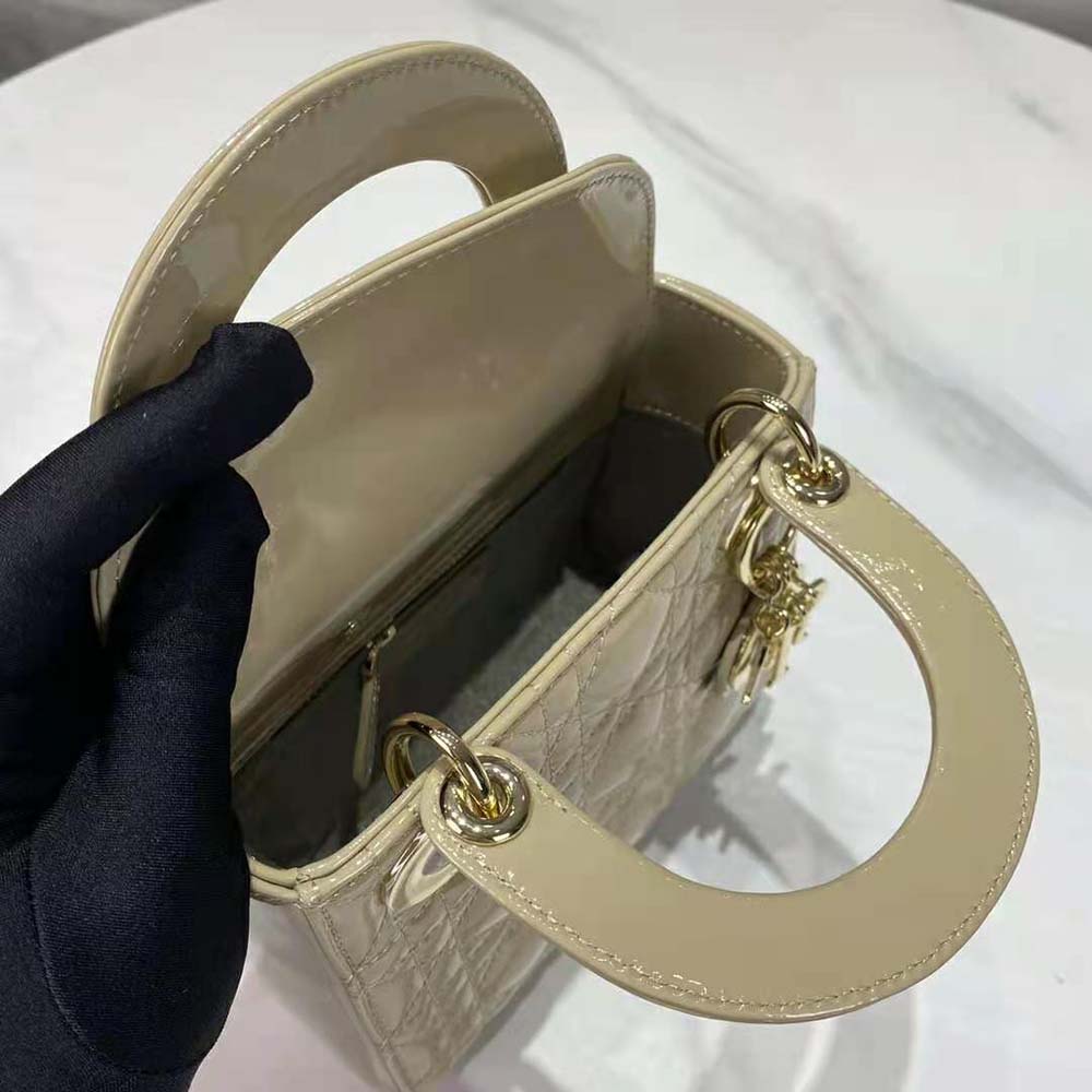 TÚI Dior Women Mini Lady Dior Bag Pale Yellow Patent Cannage Calfskin