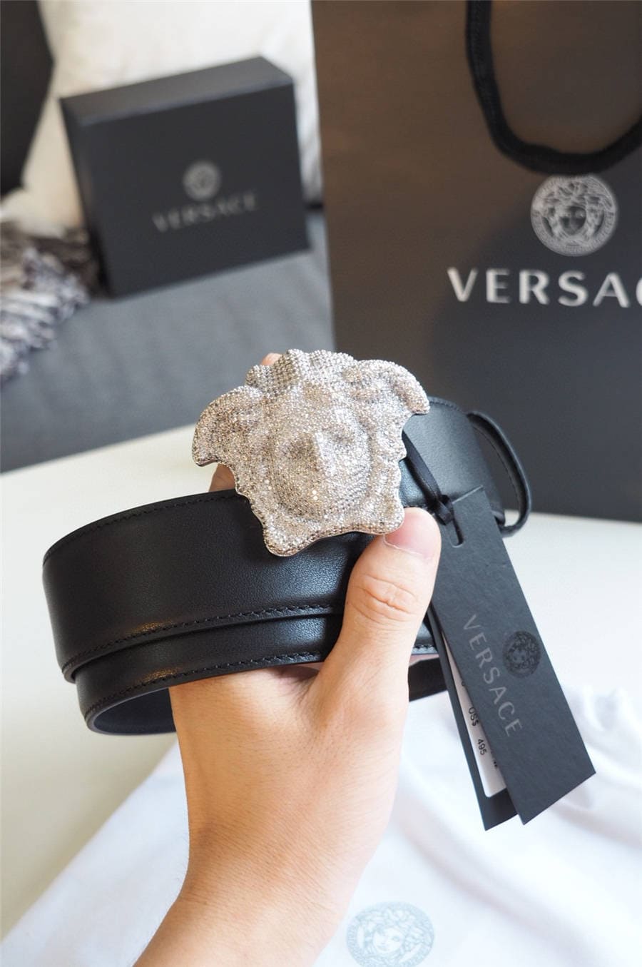 DÂY LƯNG VERSACE MEDUSA HEAD DIAMOND CALFSKIN LEATHER Khóa trắng