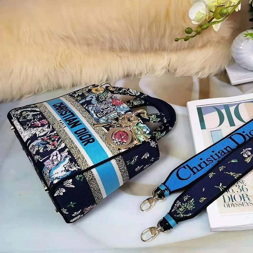 TÚI Dior Women Medium Lady D-Lite Bag Blue Multicolor D-Constellation Embroidery