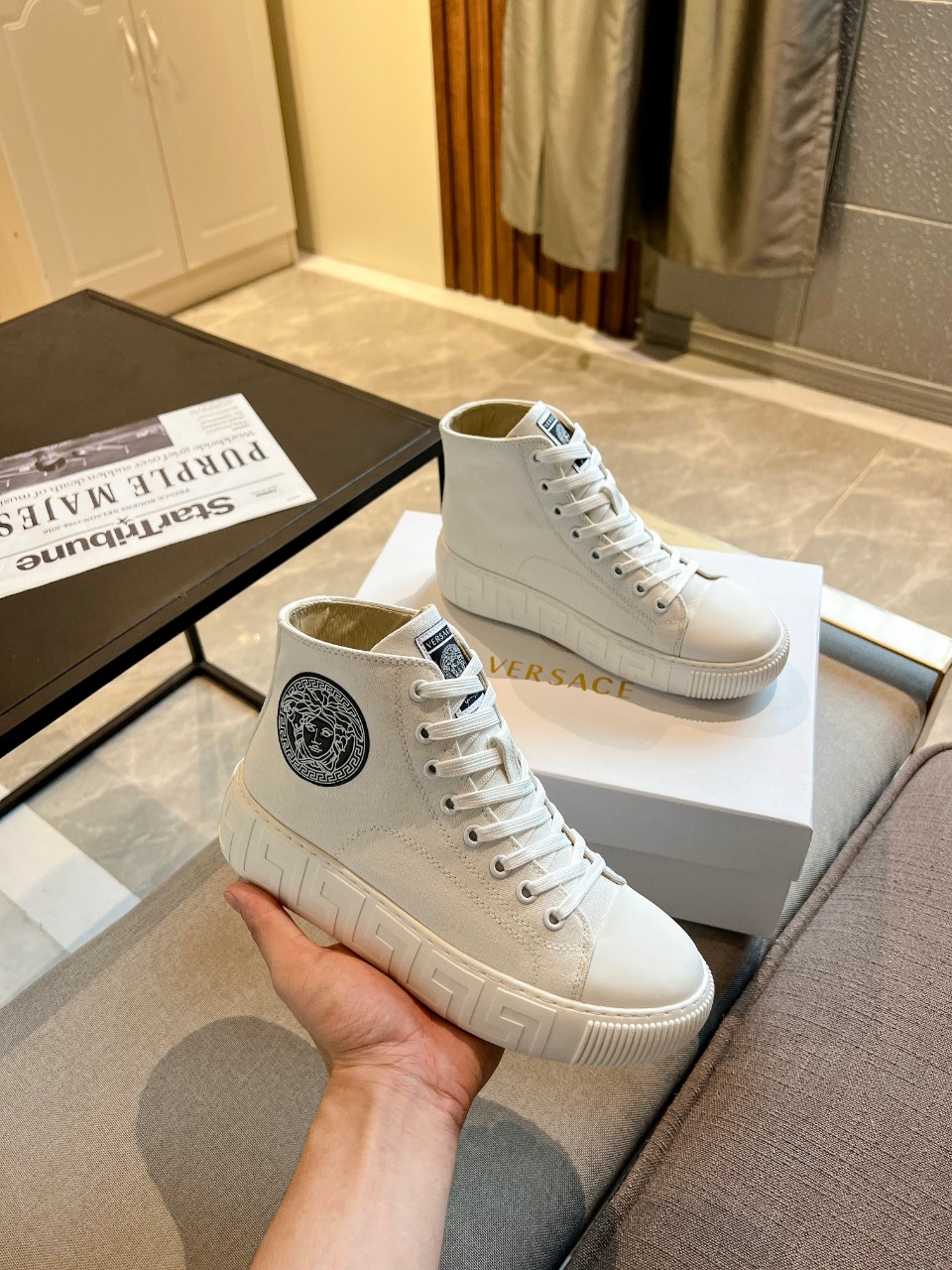 GIÀY VERSACE GRECA SNEAKERS HIGH TOP CANVAS WHITE