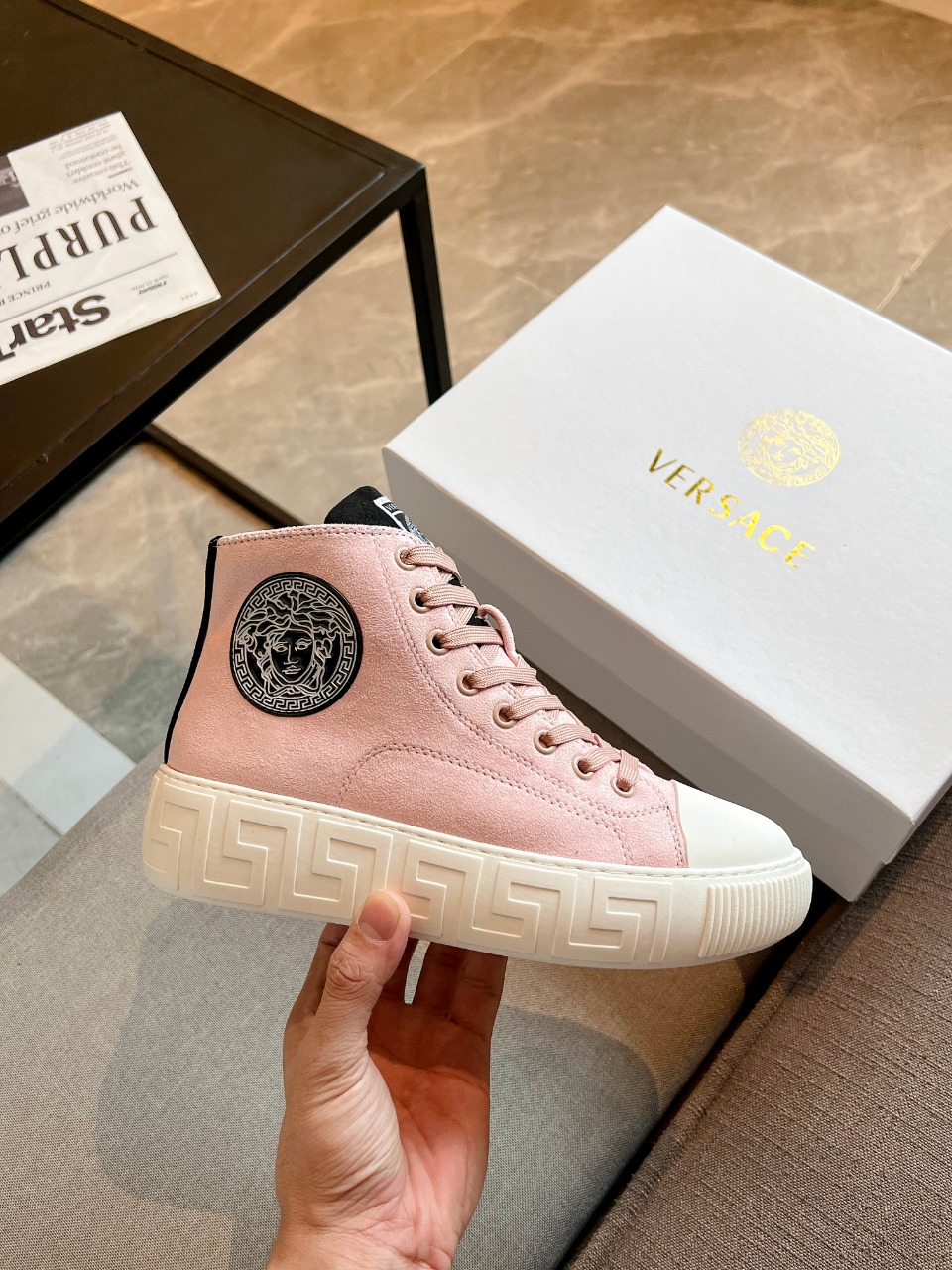 GIÀY VERSACE GRECA SNEAKERS HIGH TOP SUEDE PINK