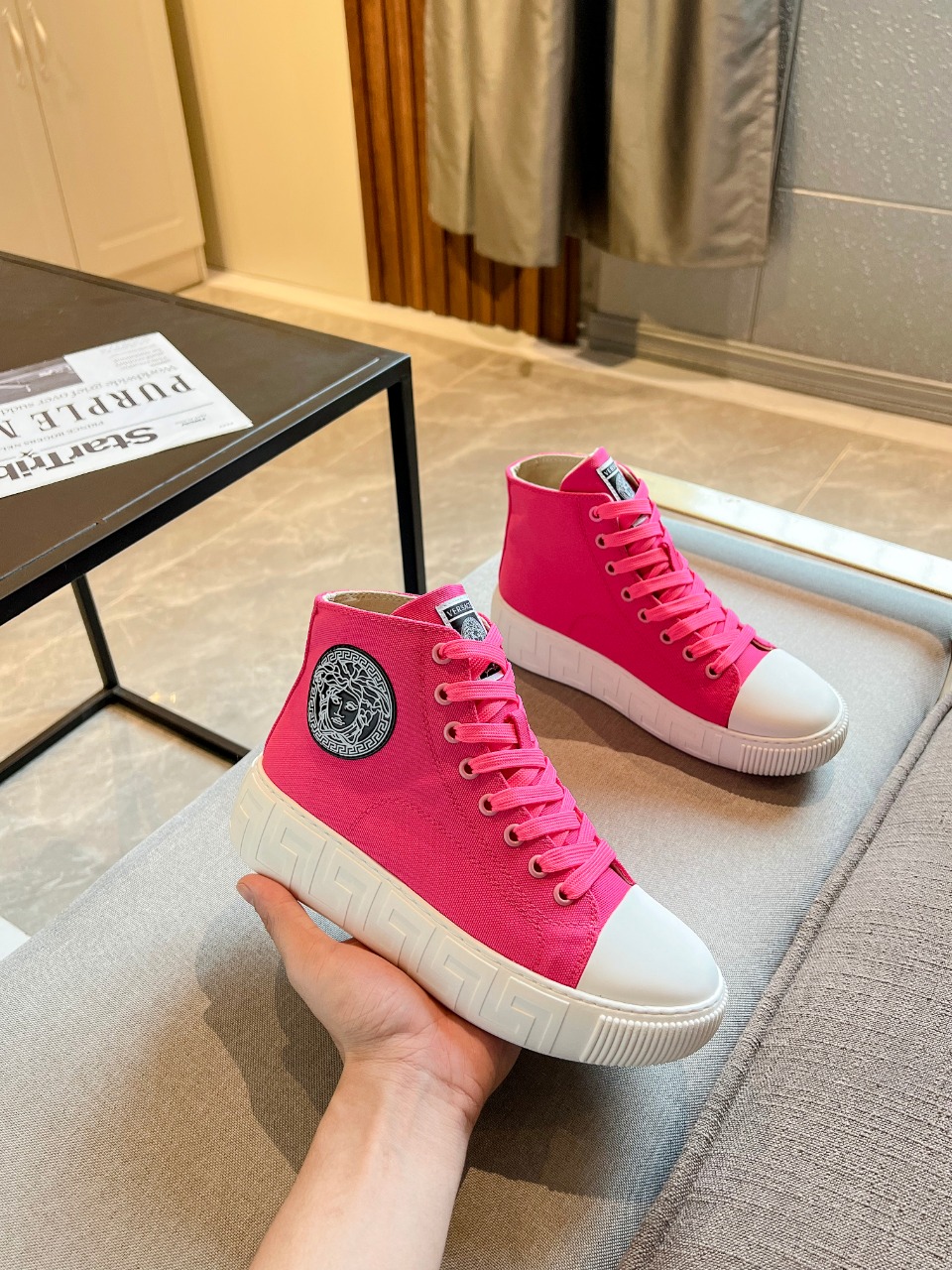 GIÀY VERSACE GRECA SNEAKERS HIGH TOP CANVAS PINK