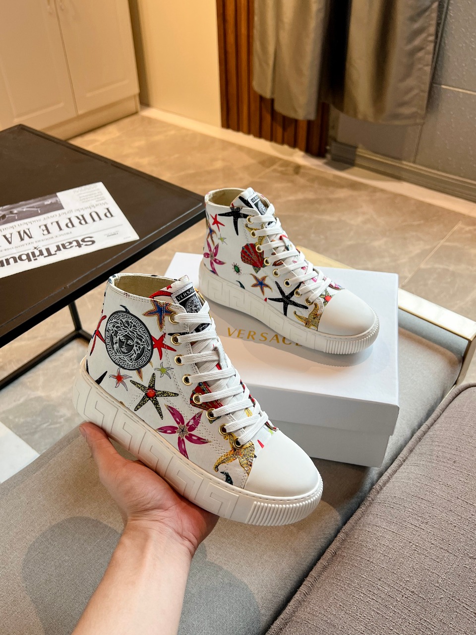 GIÀY VERSACE GRECA SNEAKERS HIGH TOP CANVAS OCEAN