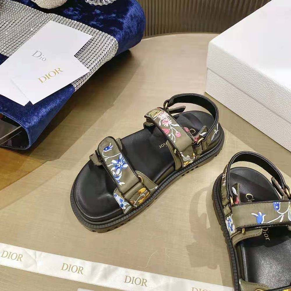 DÉP SANDAL DIOR Dioract Sandal Khaki Multicolor Technical Fabric Embroidered with Dior Petites Fleurs Motif