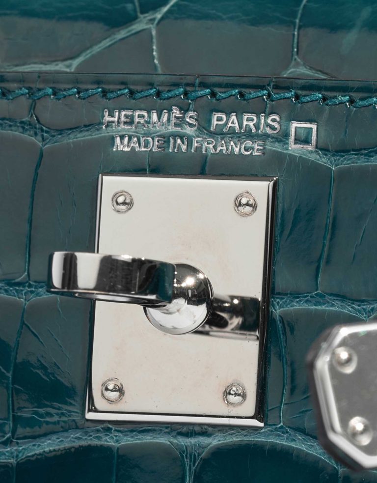 TÚI Hermès Kelly Mini Alligator Vert Bosphore Silver Buckle khóa trắng
