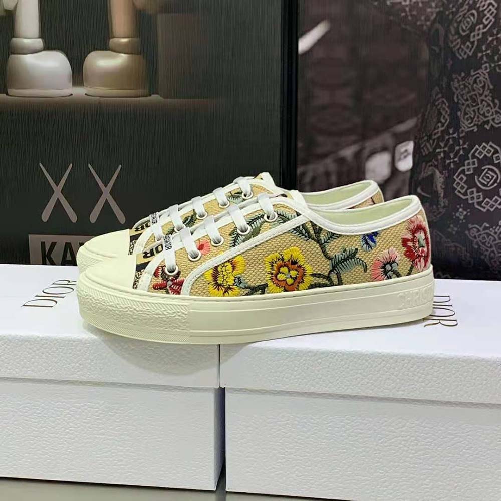 GIÀY Dior Women Walk’N’Dior Sneaker Beige Multicolor Raffia Embroidered with Dior Petites Fleurs Motif
