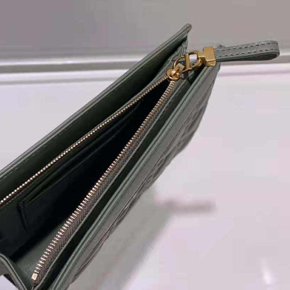 TÚI Dior Women Caro Zipped Pouch with Chain Cedar Green Supple Cannage Calfskin-Green