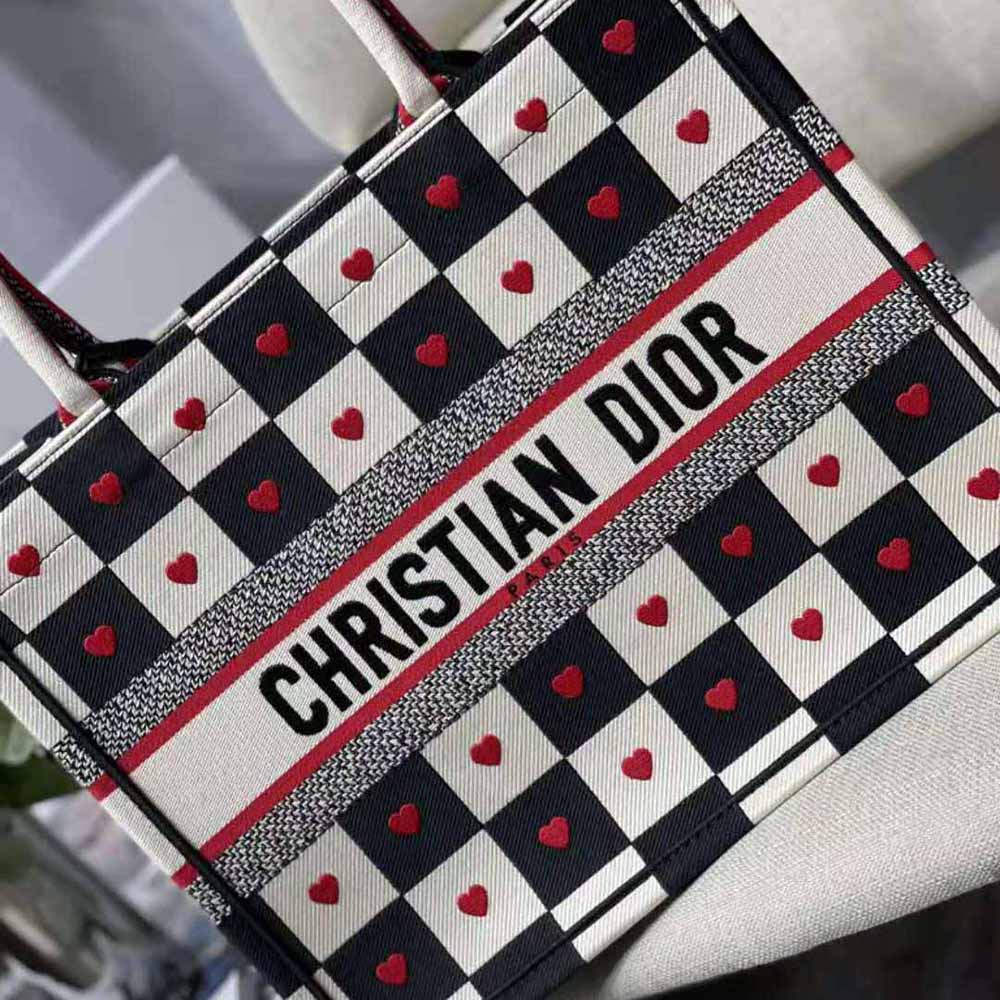TÚI Dior Women Small Dioramour Dior Book Tote Black White and Red D-Chess Heart Embroidery