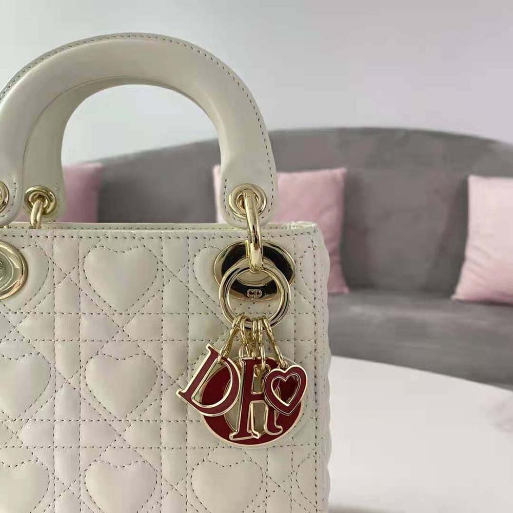 TÚI Dior Women Mini Lady Dior Dioramour Bag Latte Cannage Lambskin with Heart Motif-White