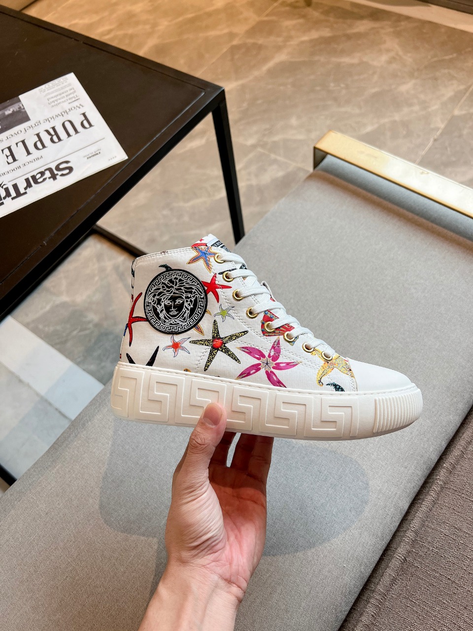 GIÀY VERSACE GRECA SNEAKERS HIGH TOP CANVAS OCEAN