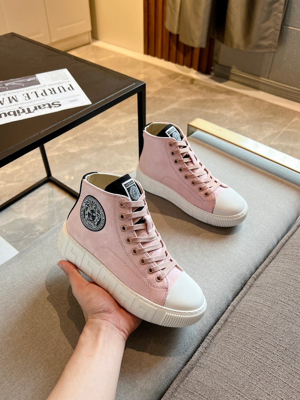 GIÀY VERSACE GRECA SNEAKERS HIGH TOP SUEDE PINK
