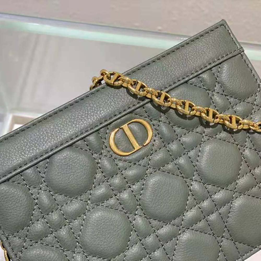 TÚI Dior Women Caro Zipped Pouch with Chain Cedar Green Supple Cannage Calfskin-Green