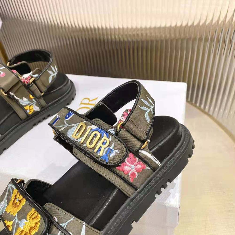 DÉP SANDAL DIOR Dioract Sandal Khaki Multicolor Technical Fabric Embroidered with Dior Petites Fleurs Motif