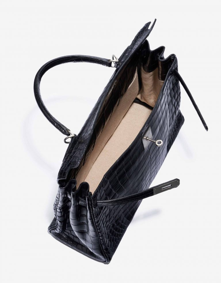 TÚI Hermès Kelly 35 Matte Niloticus Black Silver Buckle khóa trắng