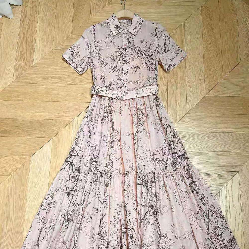 VÁY Dior Women Shirt Dress with Belt Rose Des Vents Cotton Denim with Dior Jardin Magique Motif
