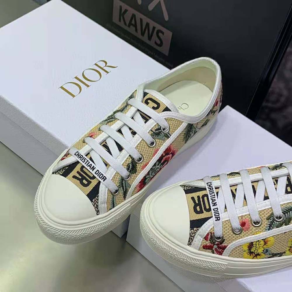GIÀY Dior Women Walk’N’Dior Sneaker Beige Multicolor Raffia Embroidered with Dior Petites Fleurs Motif