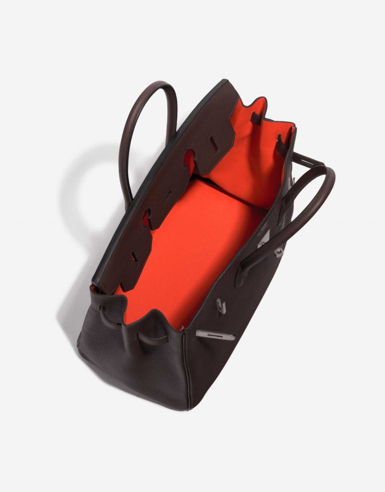TÚI Hermès Birkin 35 Togo Chocolat Orange Poppy Silver Buckle khóa trắng
