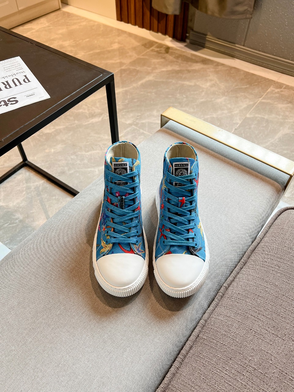 GIÀY VERSACE GRECA SNEAKERS HIGH TOP CANVAS OCEAN