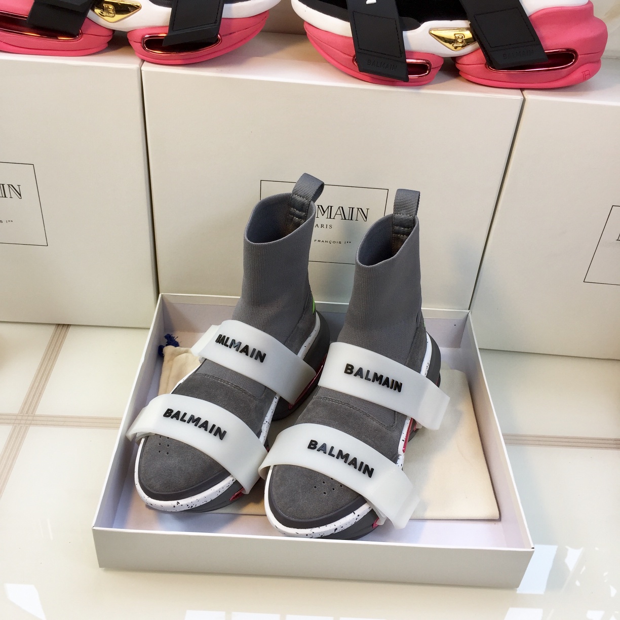 GIÀY BALMAIN GREY PINK HIGH TOP SNEAKERS