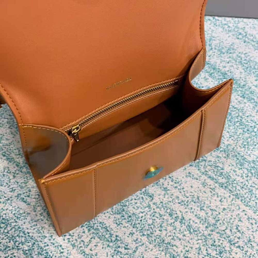 TÚI Balenciaga Hourglass Small Top Handle Bag in Shiny Box Calfskin-Brown