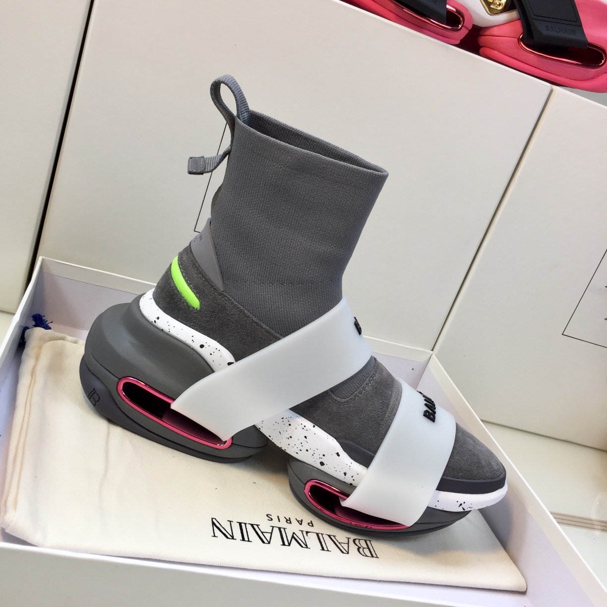 GIÀY BALMAIN GREY PINK HIGH TOP SNEAKERS