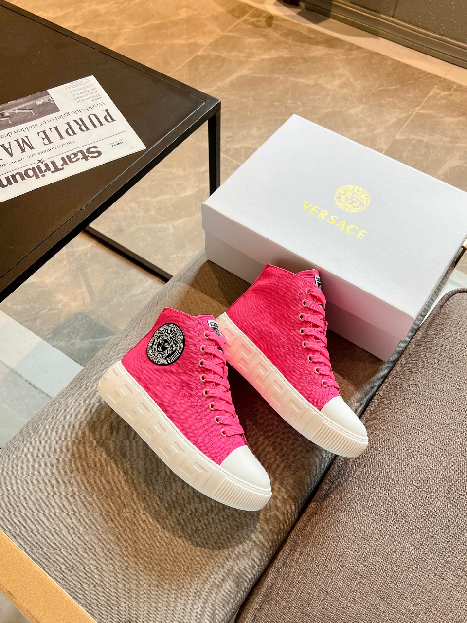 GIÀY VERSACE GRECA SNEAKERS HIGH TOP CANVAS PINK