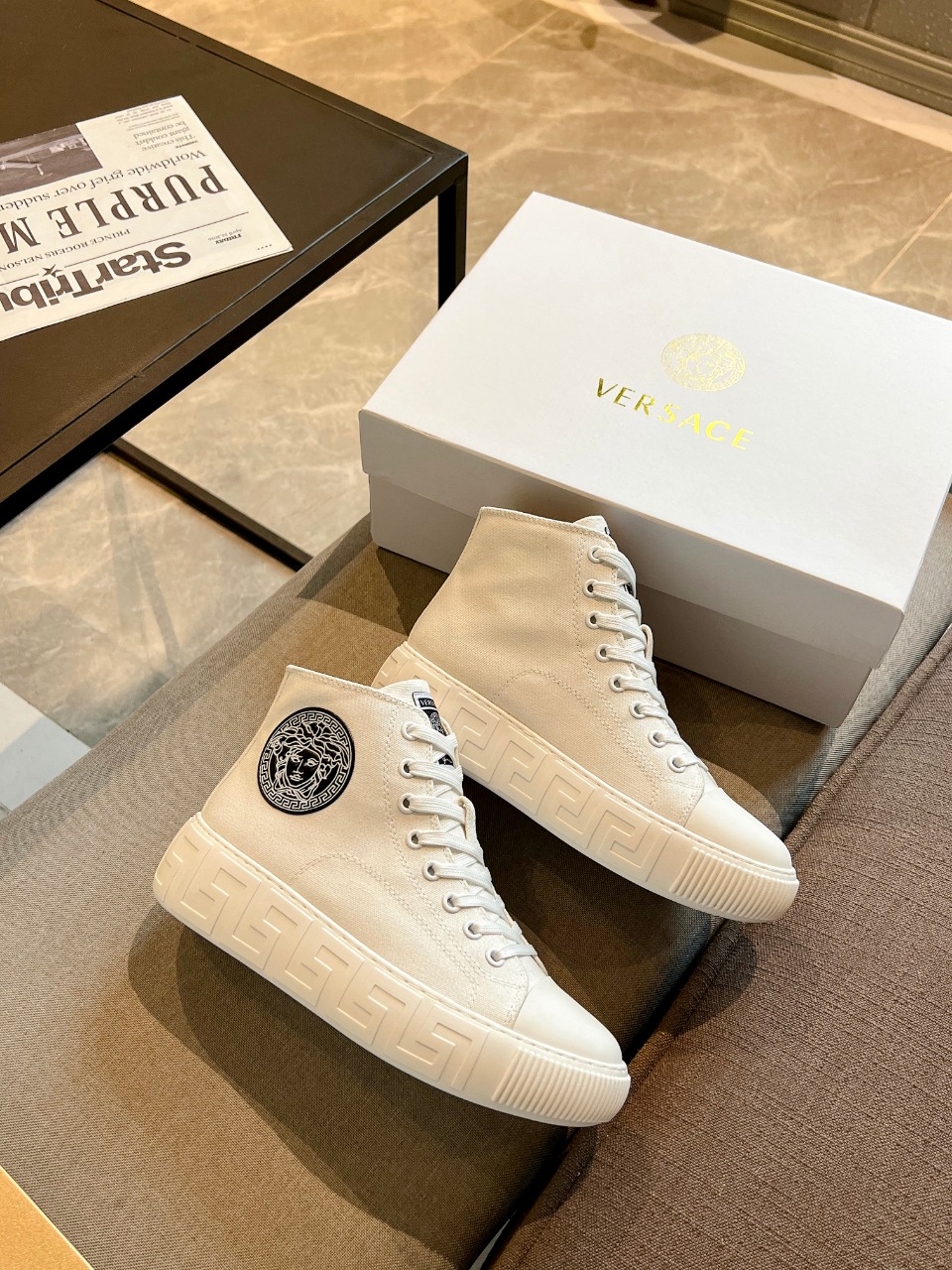 GIÀY VERSACE GRECA SNEAKERS HIGH TOP CANVAS WHITE