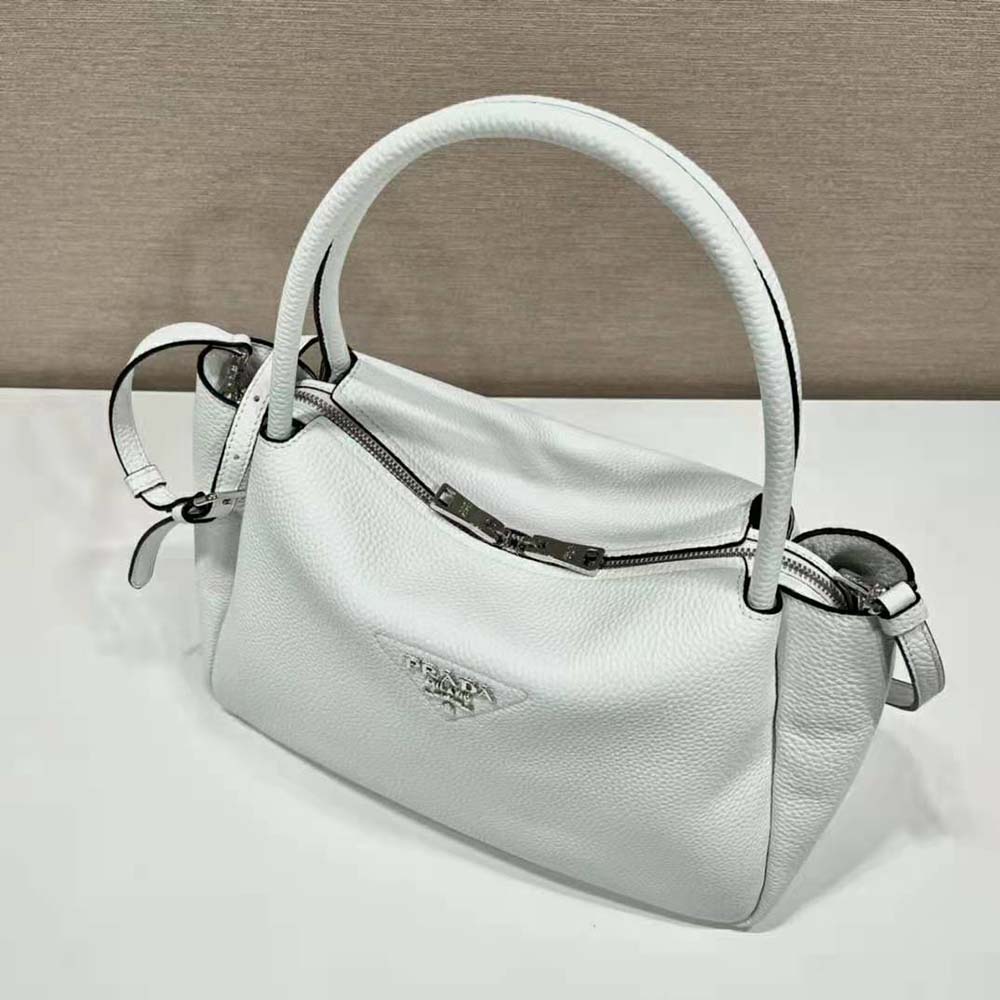 TÚI Prada Women Large Leather Handbag with the Prada Metal Lettering Logo Gleaming at Its Center-White