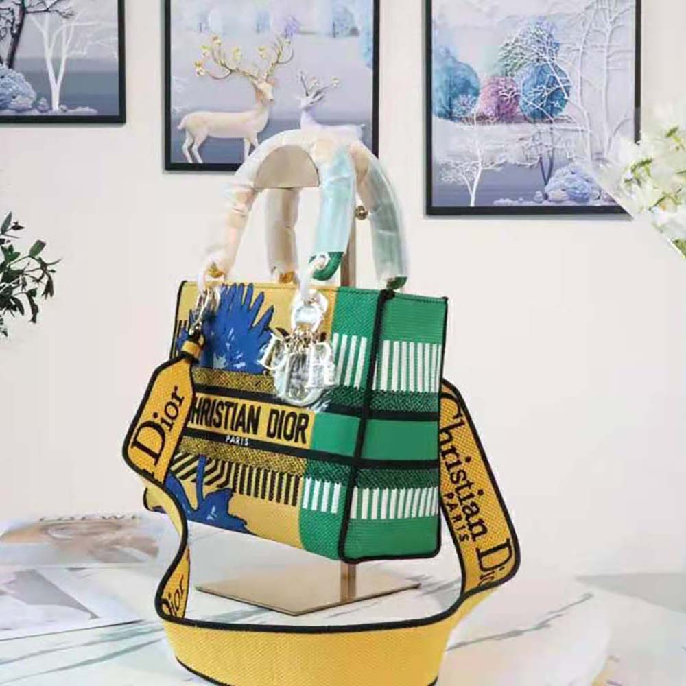 TÚI Dior Women Medium Lady D-lite Bag Bright Yellow and Green D-Flower Pop Embroidery