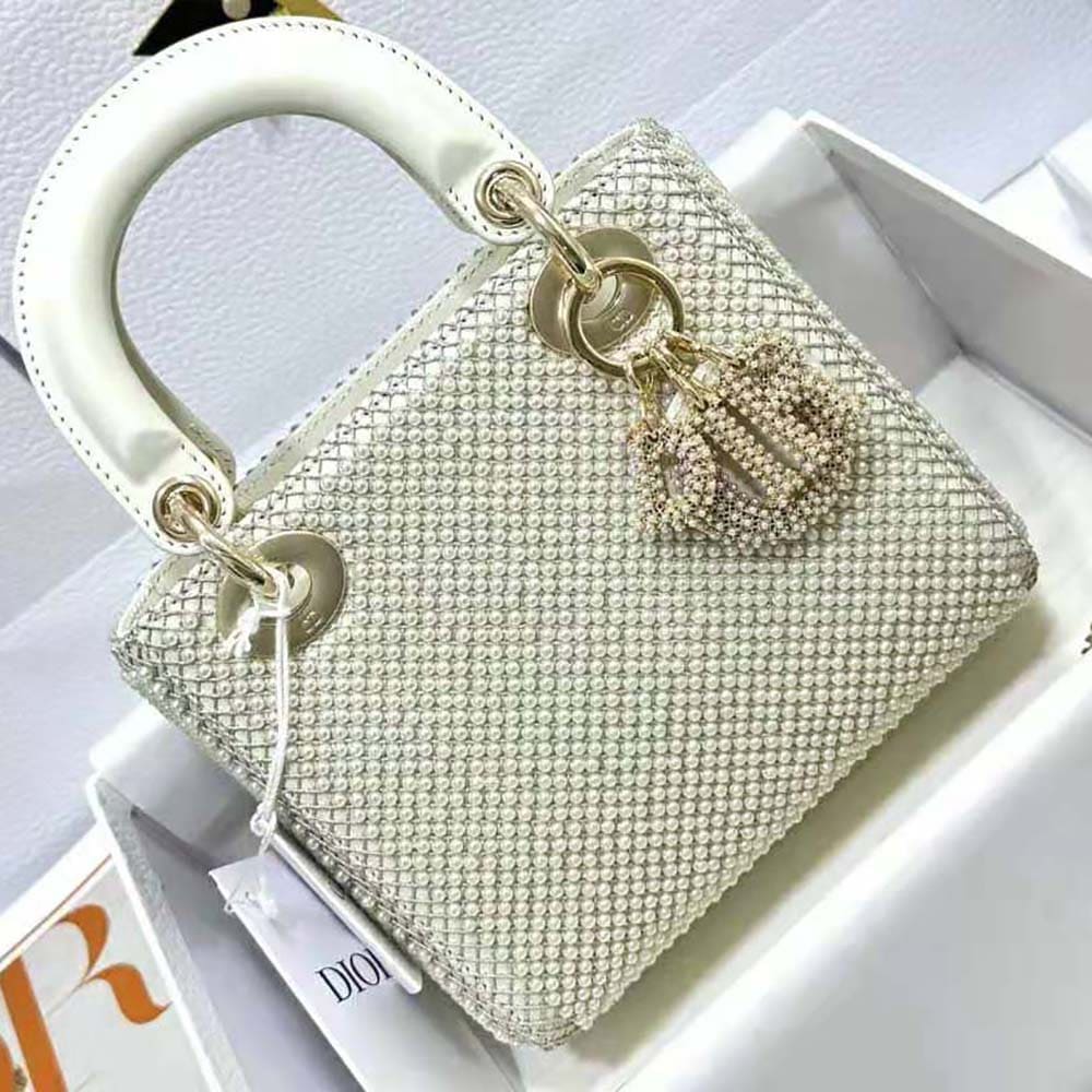 TÚI Dior Women Mini Lady Dior Bag Latte Calfskin Embroidered Entirely with White Resin Pearls
