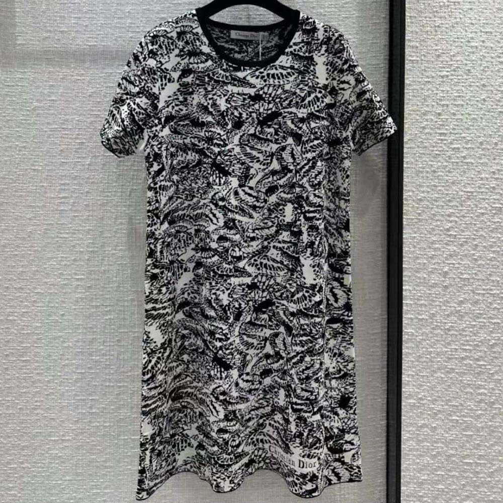 VÁY Dior Straight Dress Black and White Technical Jacquard with Allover Butterfly Motif
