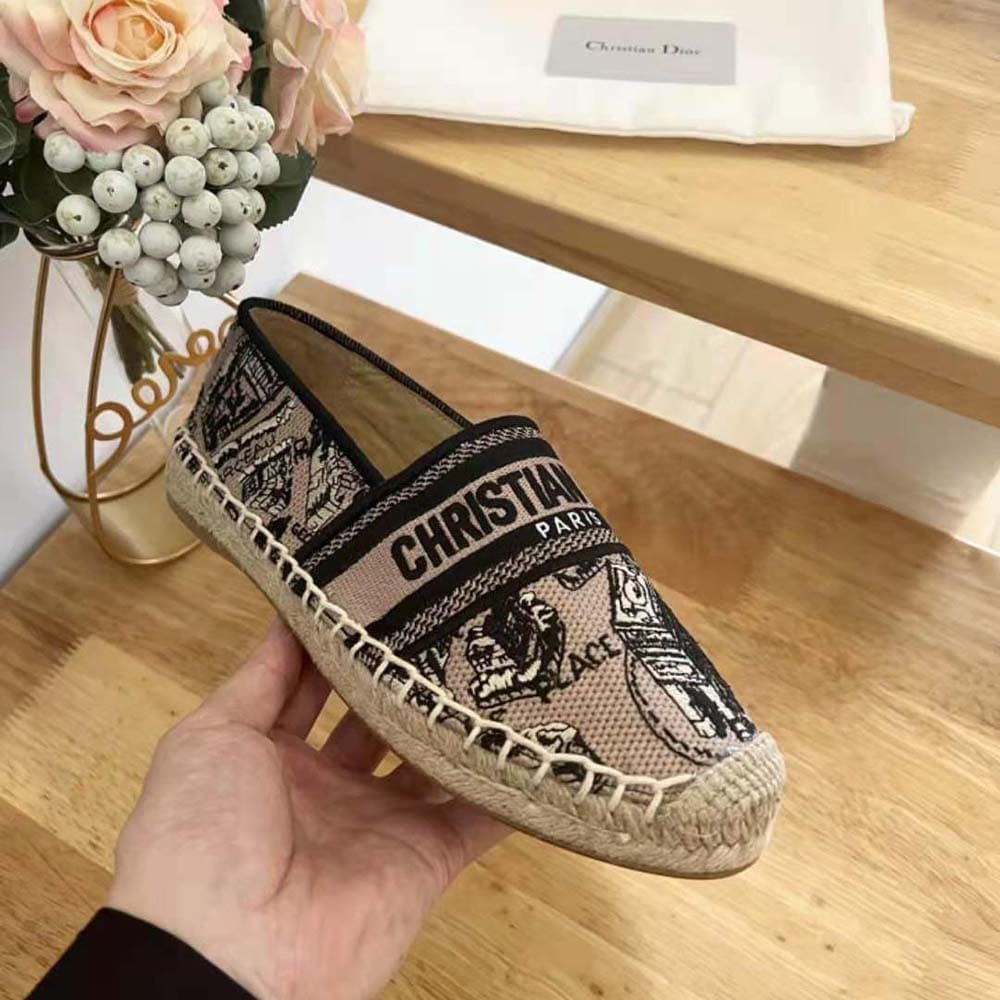 GIÀY Dior Women Granville Espadrille Beige and Black Cotton Embroidered with Plan de Paris Motif
