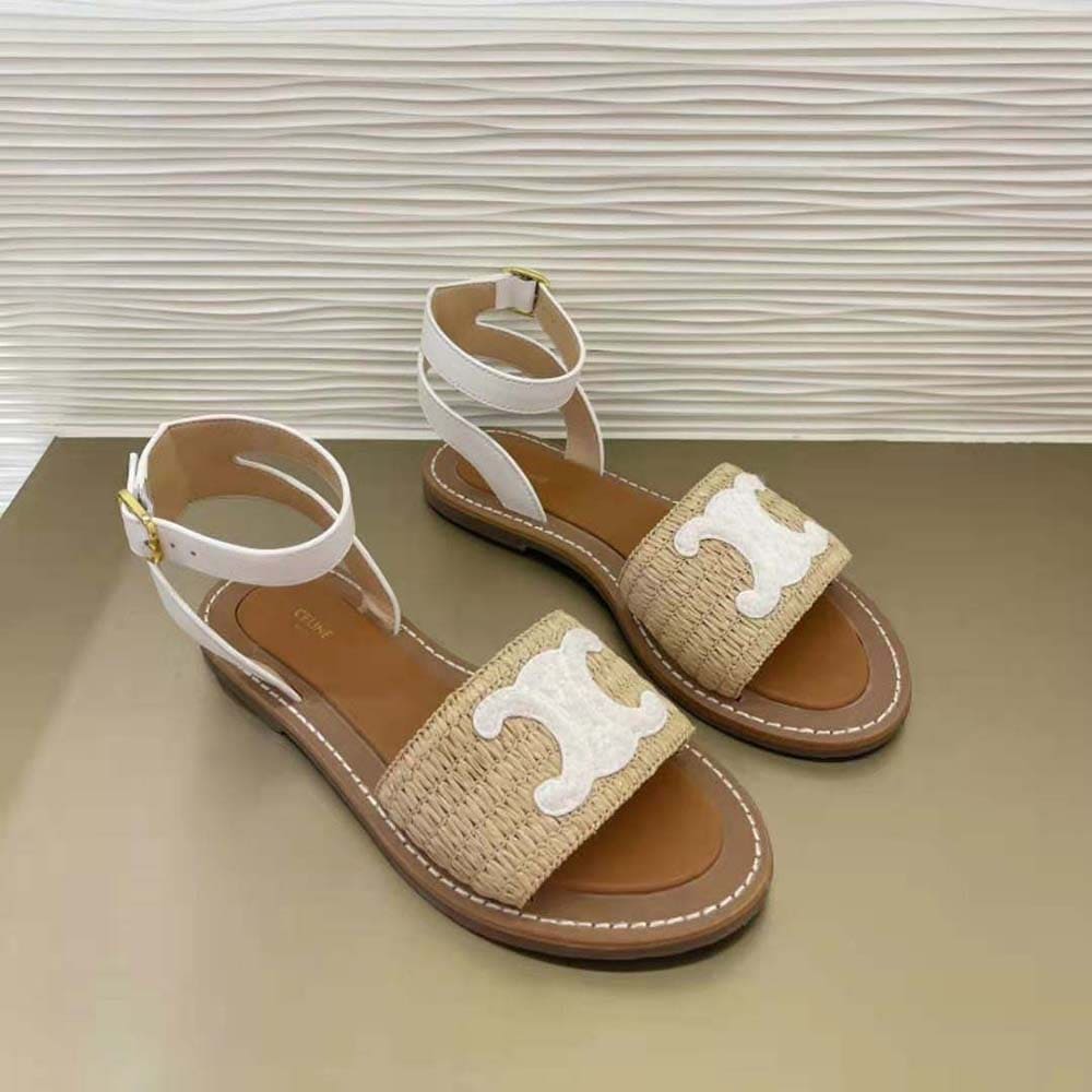 GUỐC Celine Women Lympia Flat Strap Sandal in Raffia & Calfskin-White
