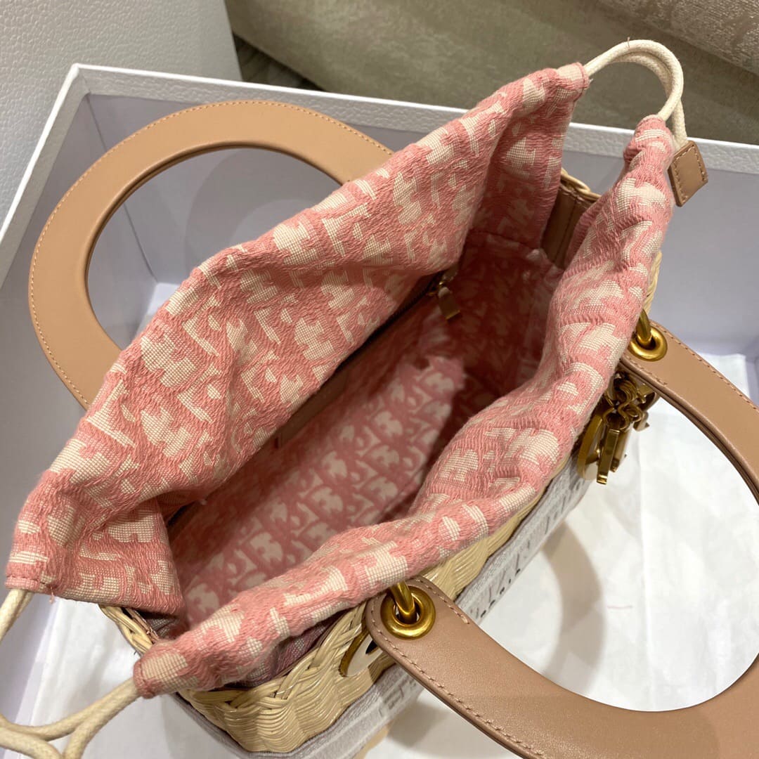 TÚI Dior Women Medium Lady Dior Bag Natural Wicker and Pink Dior Oblique Jacquard