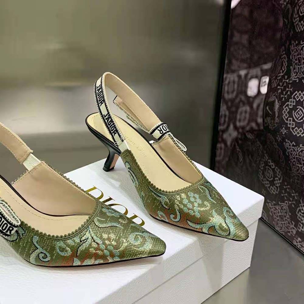 GIÀY Dior Women J’Adior Slingback Pump Sky Blue Dior Brocart Embroidered Cotton with Gold-Tone Metallic Thread