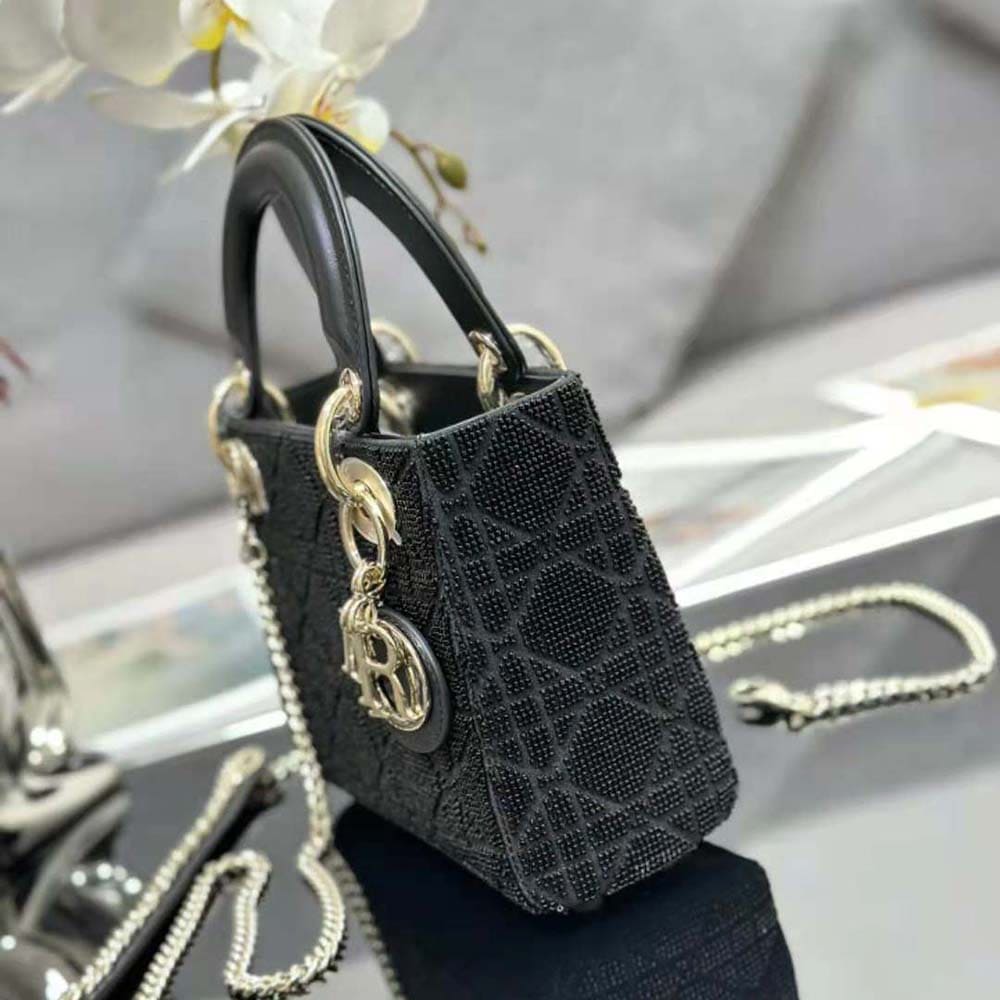 TÚI Dior Women Mini Lady D-joy Bag Black Cannage Cotton with Micropearl Embroidery