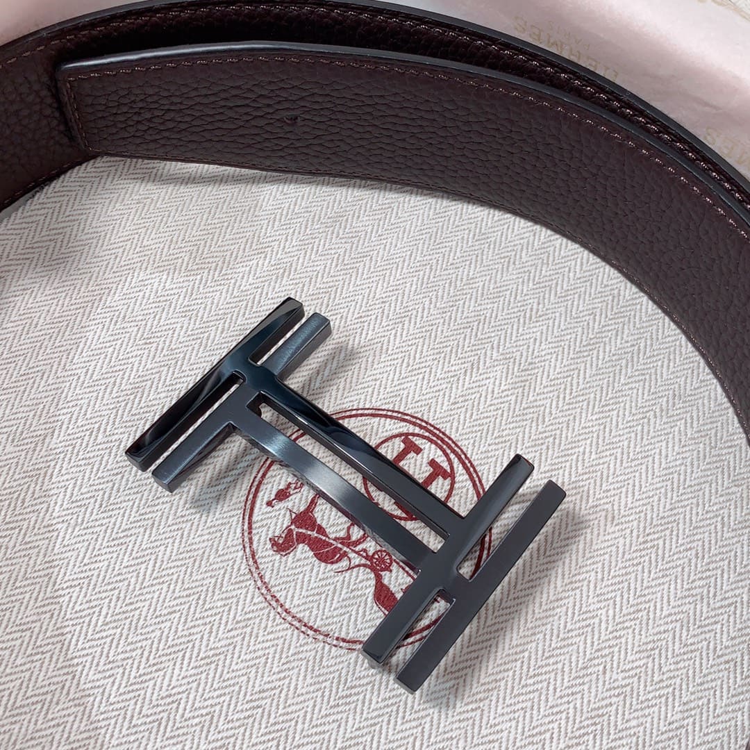 DÂY LƯNG HERMES Double H Matte Black Togo leather hai mặt khóa đen