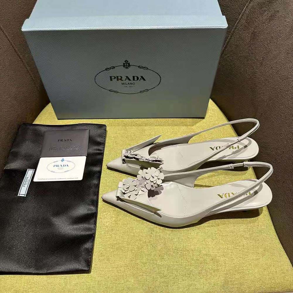 GIÀY Prada Women Brushed Leather Slingback Pumps with Floral Appliques-Gray