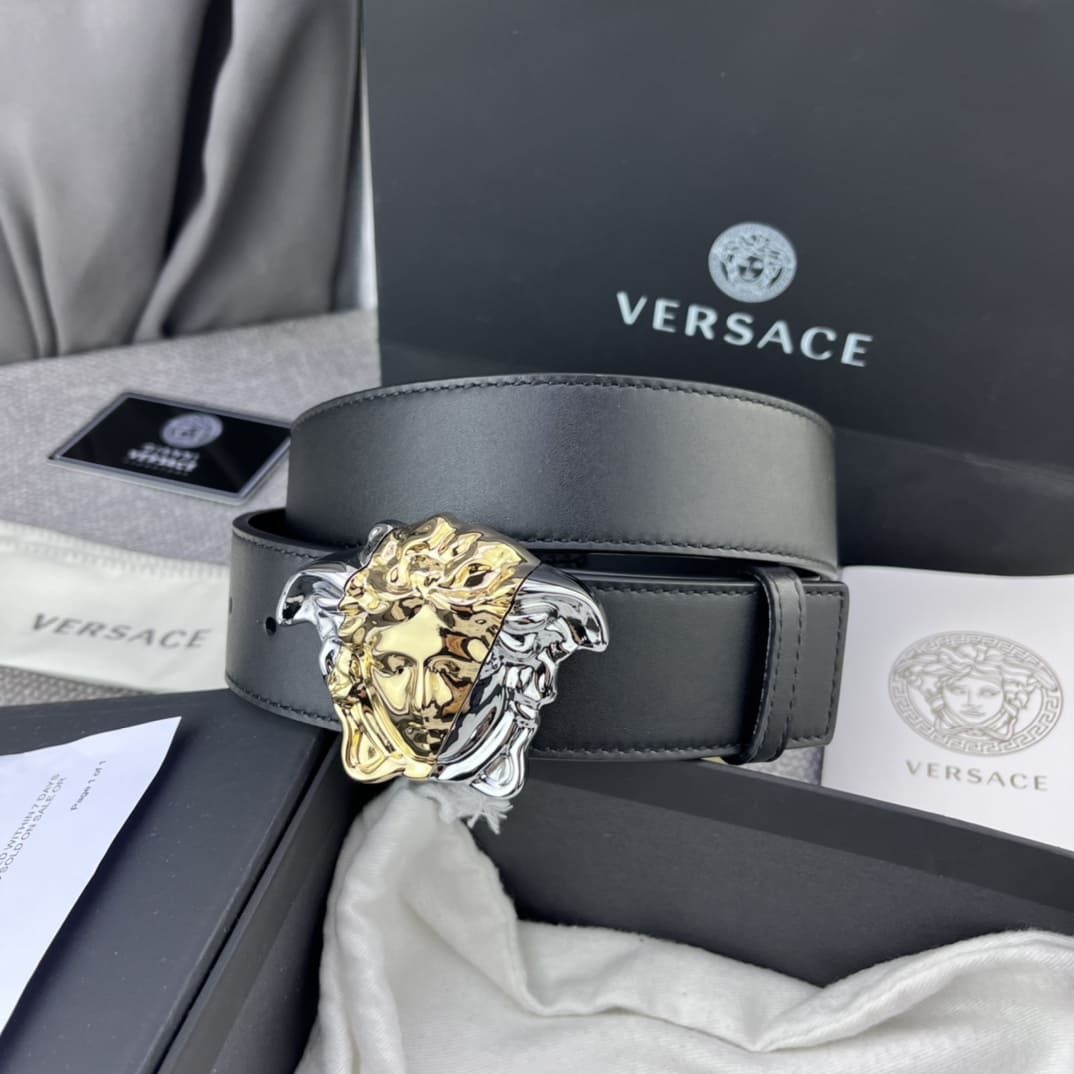 DÂY LƯNG VERSACE MEDUSA HEAD CALFSKIN LEATHER Khóa vàng trắng