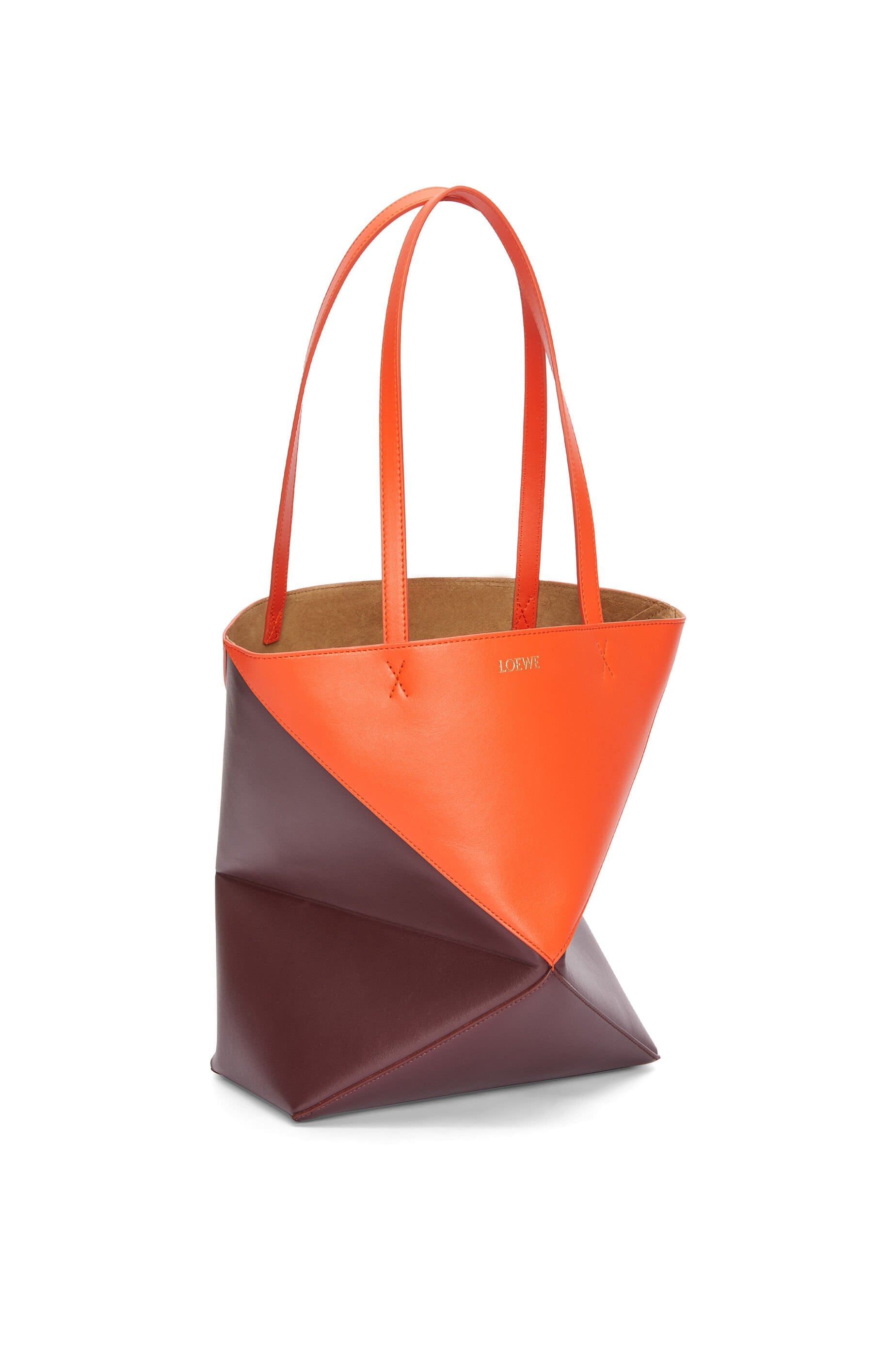 Túi LOEWE Puzzle Fold Tote in shiny calfskin orange burgundy