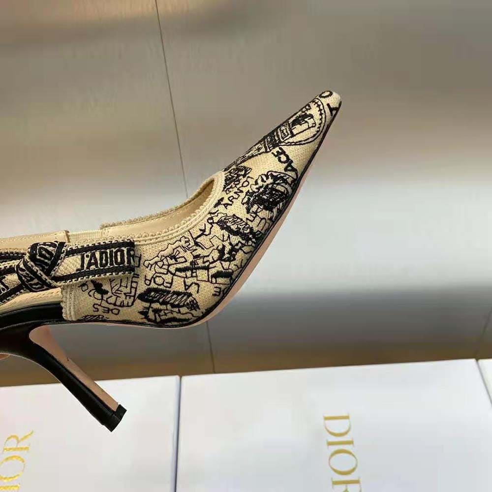 GIÀY Dior Women J’Adior Slingback Pump Black and Beige Cotton Embroidered with Plan de Paris Motif