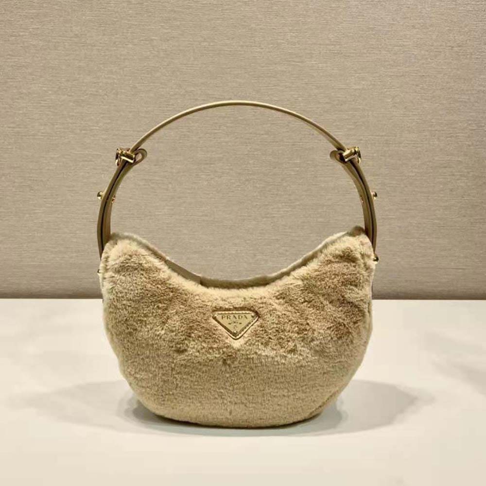 TÚI Prada Women Arqué Shearling and Leather Shoulder Bag-Beige