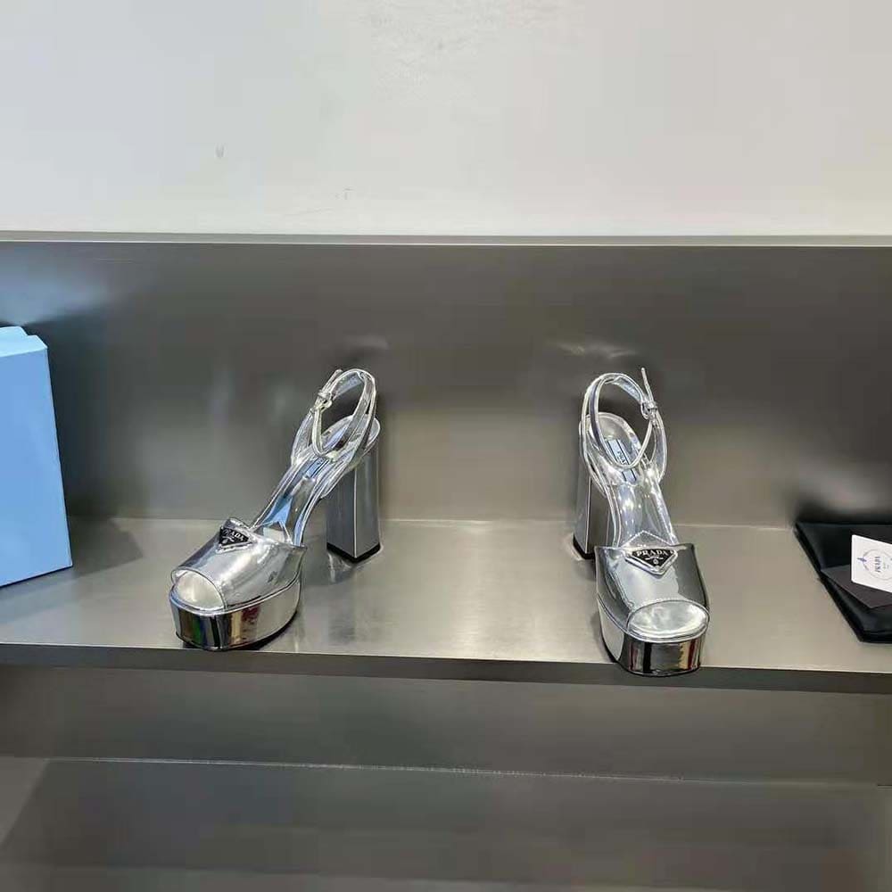 GIÀY Prada Women Metallic Leather Platform Sandals-Silver
