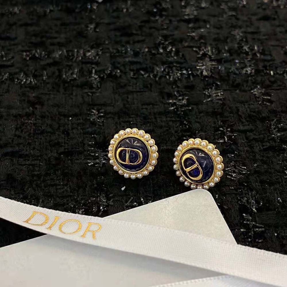 Bông tai Dior Women Petit CD Studs Earrings Gold-Finish Metal and White Resin Pearls with Black Glass